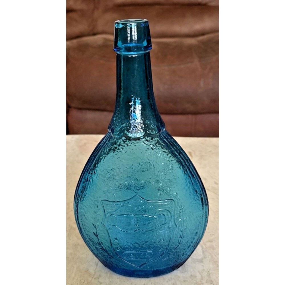 Vintage Wheaton Blue Glass Liquor Tonic Bottle w/ Union Shield & Bird and Ribbon